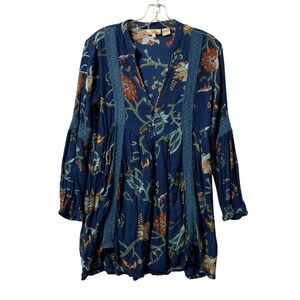 SR Fashion Large Blue Floral Print Long Sleeve Deep V Neck Dress Top Boho Whimsy